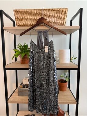 NWT Express Silver Sequin Spaghetti Strap Knee Length Dress, XS